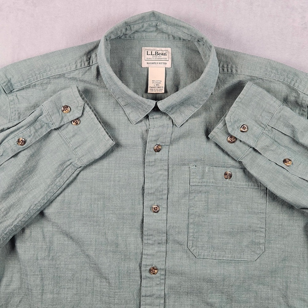 LL Bean Explorer Stretch Canvas Shirt Mens Large Green Long Sleeve Button Down